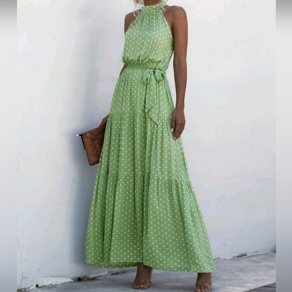 * NEW Chic Polka Dot Tiered Ruffle Halter Maxi Dress Green White - Picture 8 of 10